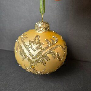Frontgate Gold Glitter Scroll Glass Ornament 4 Inch Hand Decorated Holiday Decor